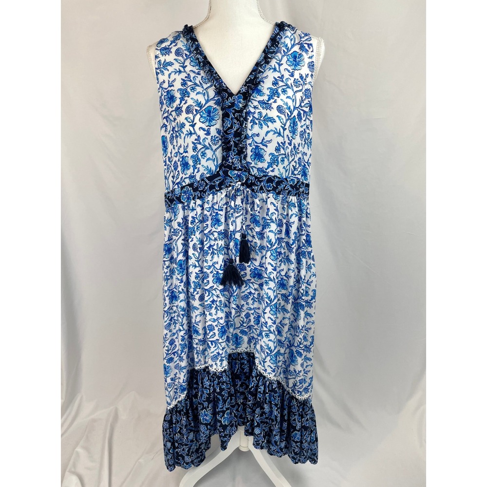 Tommy Bahama Dress Medium Blue White Woodblock Blossoms Sleeveless Ruffle Boho